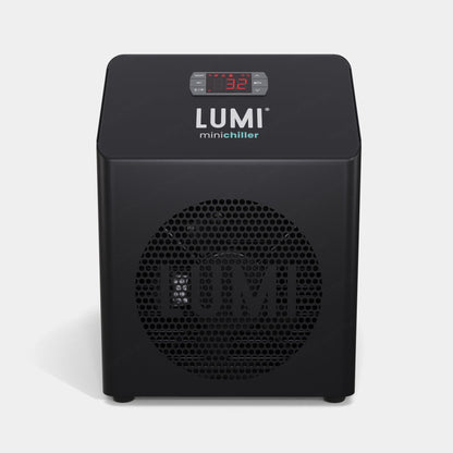 LUMI Mini Chiller Black Edition - Compact water cooling device with digital temperature display, hexagonal mesh front panel featuring LUMI logo, and sleek matte black finish. Professional-grade cooling system for cold water therapy and ice baths.