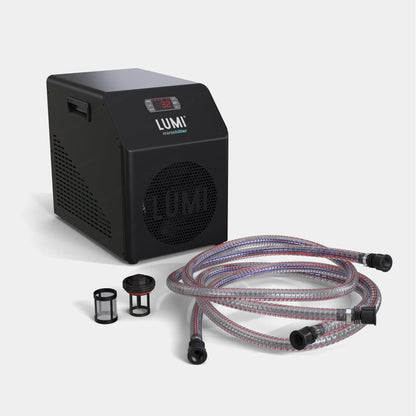 LUMI Mini Chiller Black Edition with digital display and WiFi control, shown with clear reinforced connection hoses and removable water filters. Compact black cooling unit features ventilated design and professional-grade construction for cold water therapy.