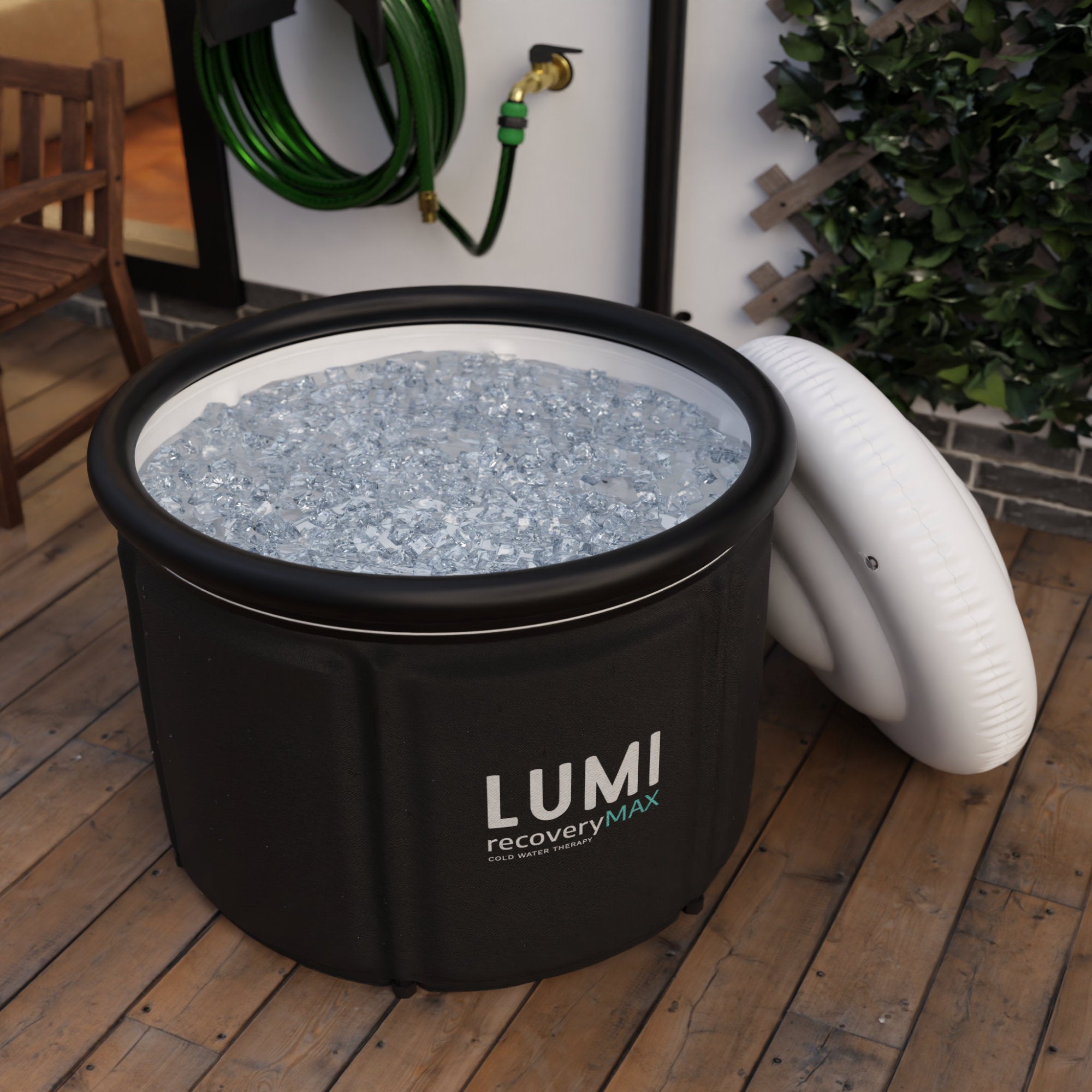 An image of the LUMI Pod MAX ice bath with water and ice, ready for a plunge.