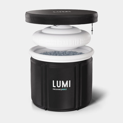 LUMI Pod MAX Ice Bath shown in exploded view displaying its innovative triple-layer design with black thermo lid, white inflatable ring, and insulated black base container, highlighting the premium construction and thermal retention features for optimal cold plunge therapy