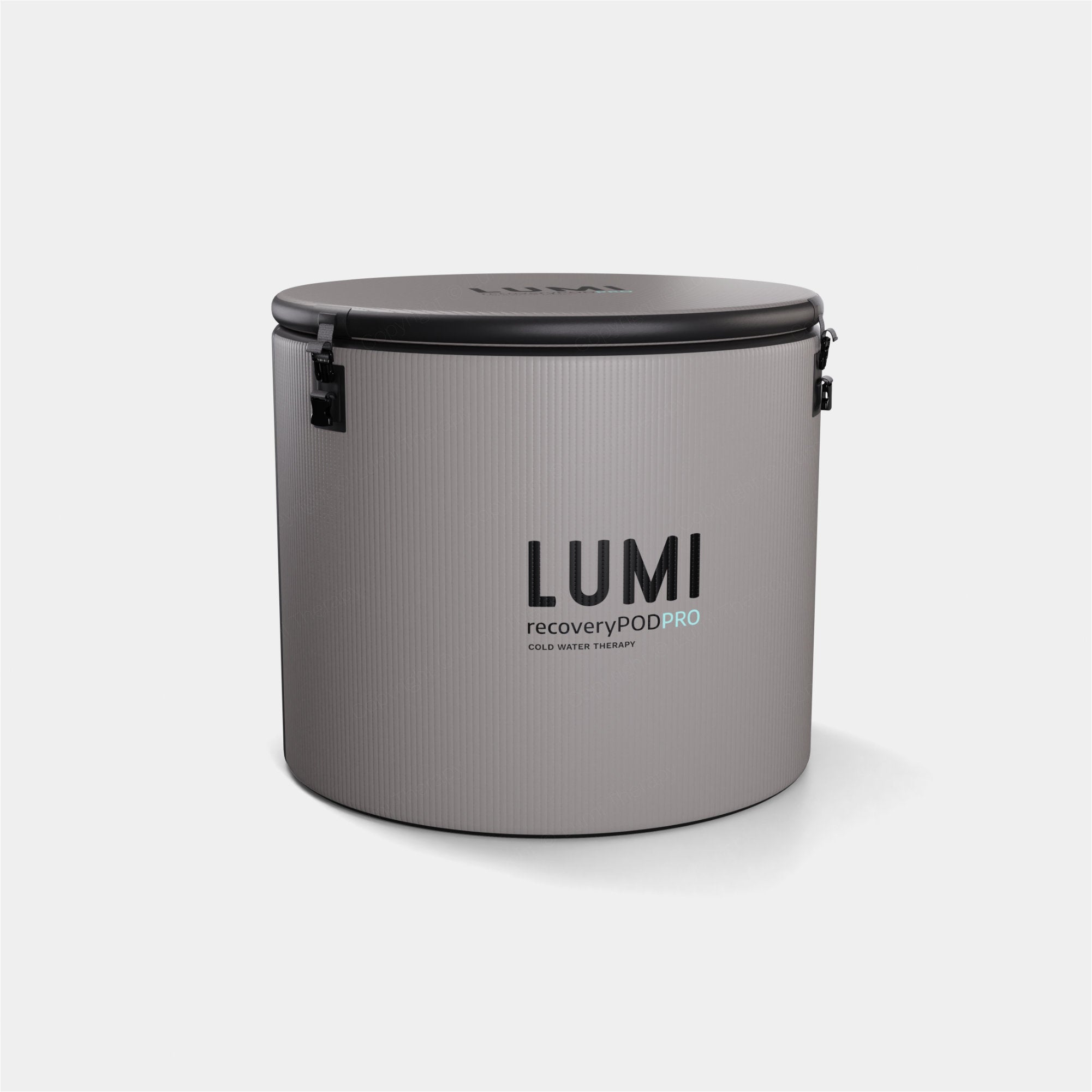 LUMI Recovery Pod PRO Ice Barrel in stone grey and black finish, featuring a cylindrical design with robust construction, secure lid latches, and branded LUMI logo. Premium cold therapy container with sleek two-tone exterior and professional-grade durability for therapeutic ice baths.