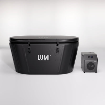 LUMI Pro Duo ice bath tub with matching Mini Chiller 2 unit side by side on white background