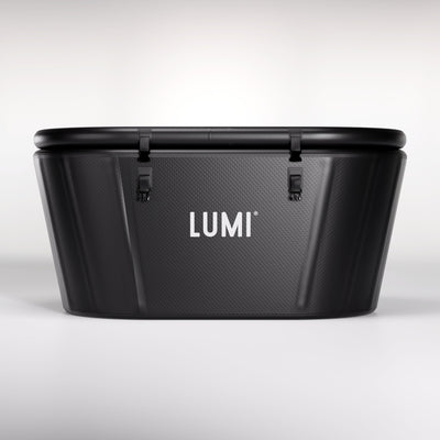 LUMI Pro Duo Ice Bath with secure lid showcasing sleek black design for advanced cold therapy recovery and wellness.
