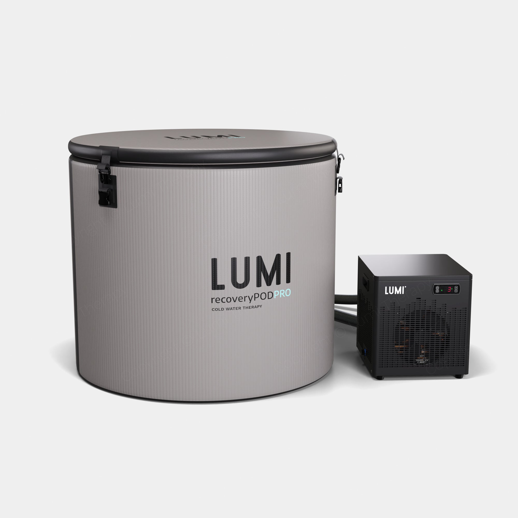 Pod PRO Ice Barrel with Cube Chiller system featuring a large light gray cylindrical barrel with black lid and handles, connected to a compact black LUMI chiller unit for cold therapy and recovery, displayed on white background