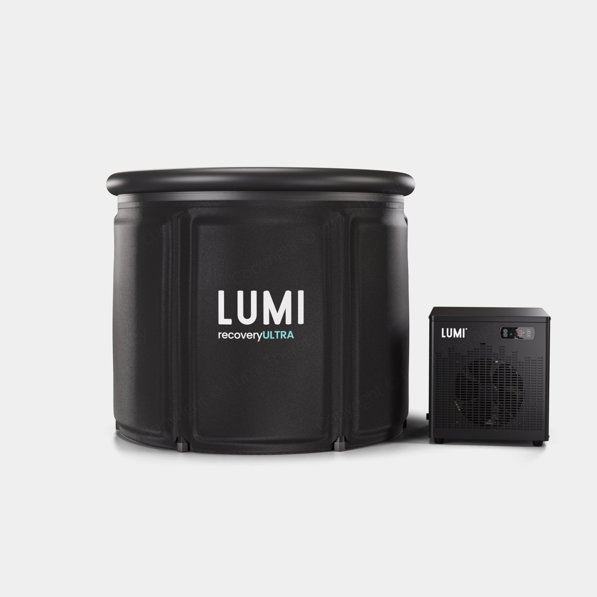 LUMI Recovery Ultra and Cube Chiller set featuring a large black cylindrical ice bath tub with LUMI branding alongside a compact black cooling unit, both designed for professional cold therapy and recovery against a white background.