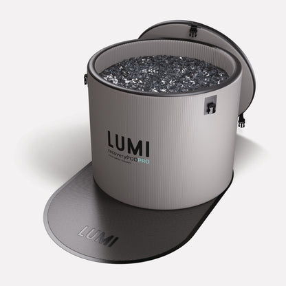 LUMI Ice Bath Floor Mat with non-slip rubberized surface and breathable mesh structure shown with LUMI Recovery Pod PRO