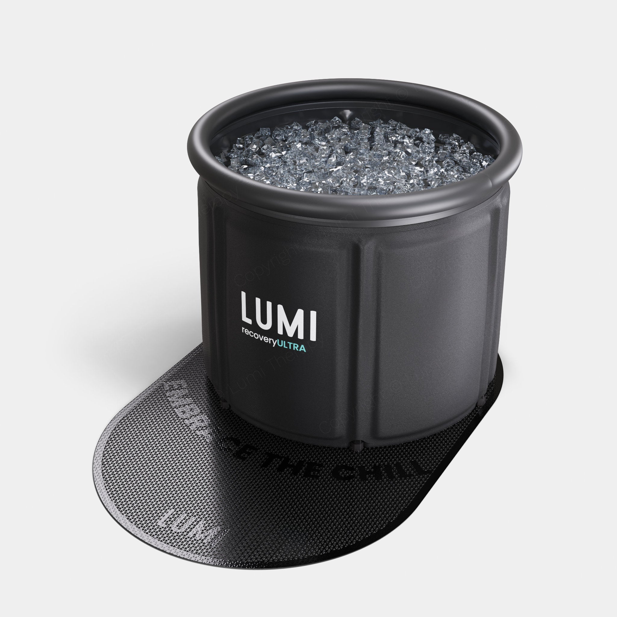 LUMI Recovery Ultra Ice Bath shown filled with ice, featuring a black cylindrical design with white branding on a textured mat. The portable tub displays professional-grade construction with insulated walls and integrated water valves for temperature control.