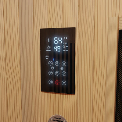 Showing the touch LCD panel of the LUMI Infrared Sauna PRO.