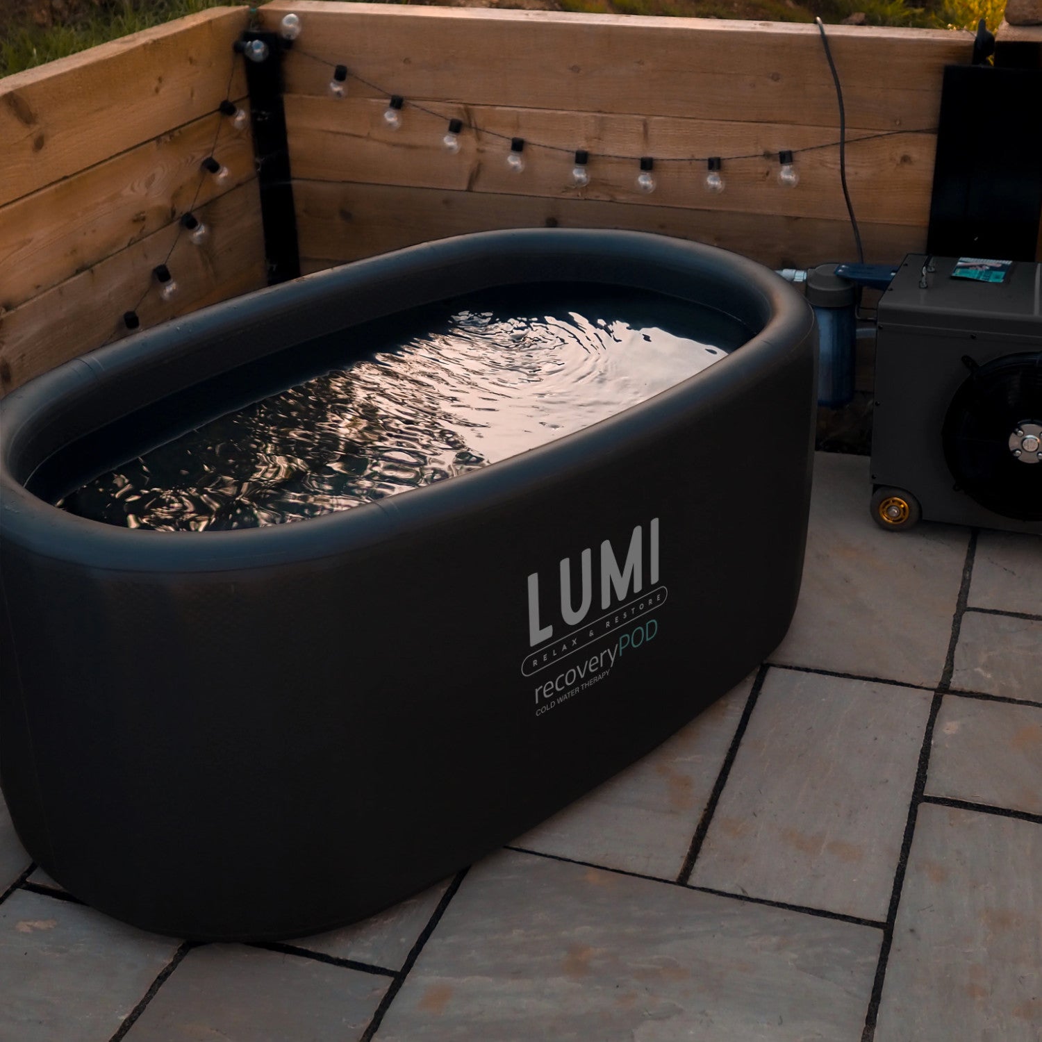 Lumi Recovery Pod PRO ice bath filled with cold water